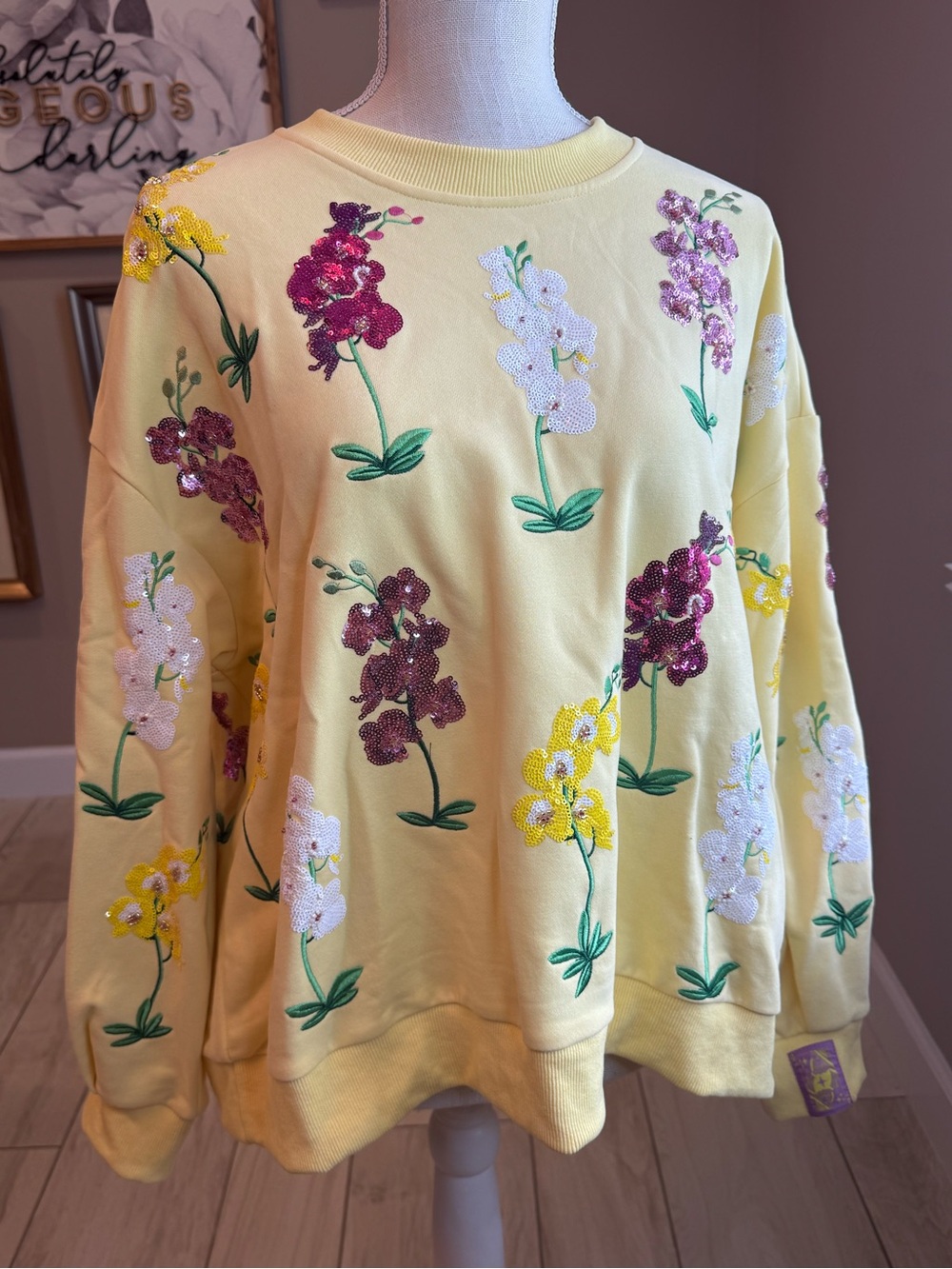New! QUEEN OF SPARKLES Yellow Multi Sequin Iris Sweatshirt